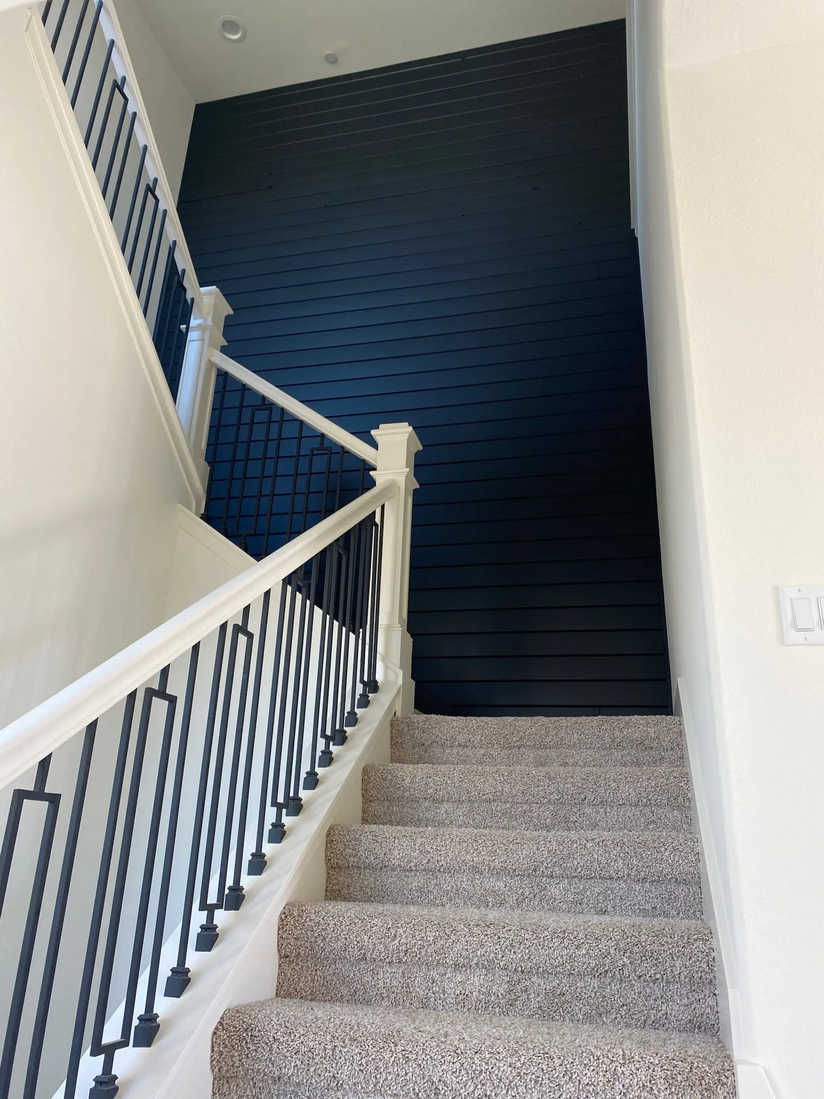 Interior stairwell with painted railing and accent wall